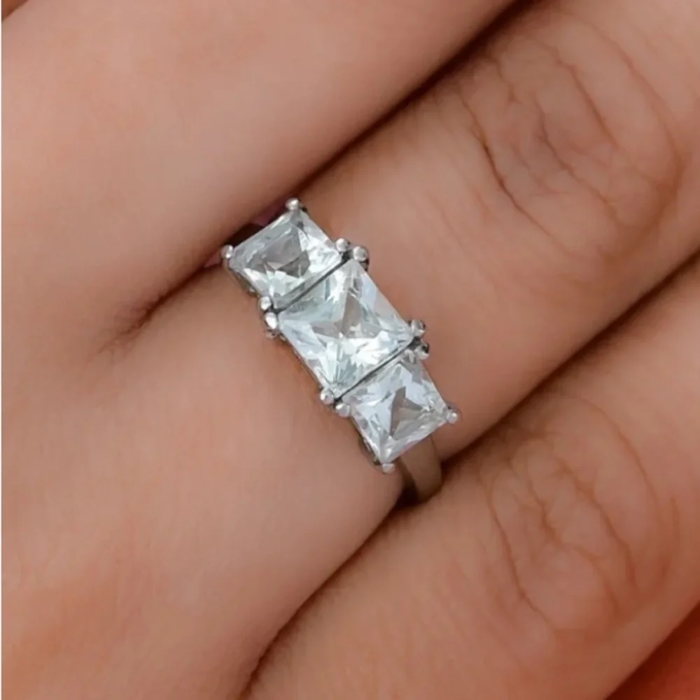 Princess Cut White Topaz 3 Stone Ring in Stainless Steel (Size 11) 3.10 carats
